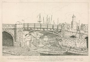 Část Old London Bridge, nakreslený v roce 1826 během stavebních prací od English School