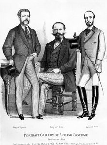 Portrétní galerie britských kostýmů, představující krále Španělska a Itálie a General Prim, vydaná s Tailor and Cutter, 1871 od English School