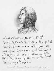 Portrét admirála Horatio Nelsona s jeho rukopisem