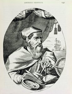 Portrét Ameriga Vespucciho (1454-1512) z „Příběhu a kritické historie Ameriky“, editoval Justin Winsor, Londýn, 1886 od English School