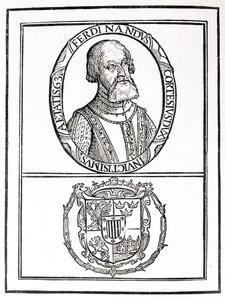Portrét Hernana Cortese (1485-1547) a jeho paží, z „Příběhu a kritické historie Ameriky“, editoval Justin Winsor, Londýn, 1886 od English School