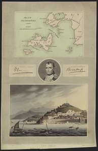 Portrét Napoleona Bonaparta s mapou a výhledem na Elbu