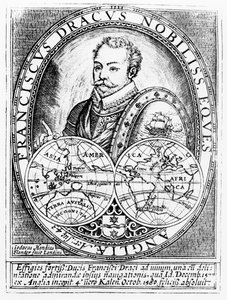 Portrét sira Francise Drakea (asi 1540–1596) ve věku 43 let, vyryl Jodocus Hondius (1567–1611) od English School