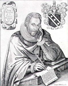 Portrét sira Thomase Overburyho (1581-1613) píšícího svůj epitaf, vyrytý Renoldem Elstrackem (1571-c.1630) 1613 (rytina) od English School