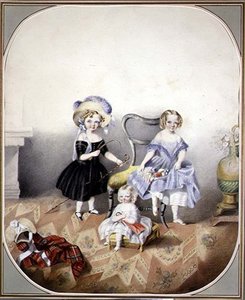 Portrét tří modrookých dívek v maškarních šatech, cca 1840 (akvarel na papíře) od English School
