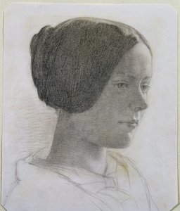 Portrét mladé ženy s vlasy v drdolu, kolem roku 1840 (barevné křídy na papíře)