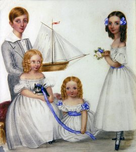 Portrét čtyř dětí držících plachetnici a kotě, asi 1830 (akvarel na papíře) od English School