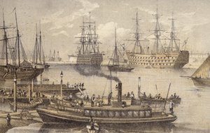 Portsmouth Harbour (barevná rytina) od English School