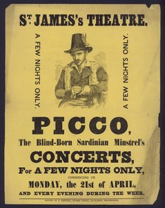 Plakátové reklamní koncerty Picca, slepého sardinského minstrela v St James