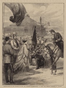 Prezentace nových barev 106. pluku v Parkhurstu od HRH císařské princezny Německa (rytina) od English School