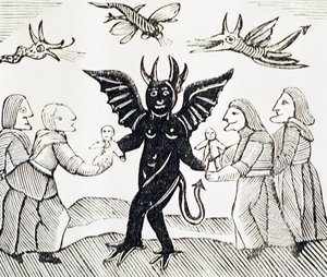Prezentace dětí ďáblovi, kopie ilustrace z Čarodějky z lesů použité ve sbírce učebnic o esoterice od English School