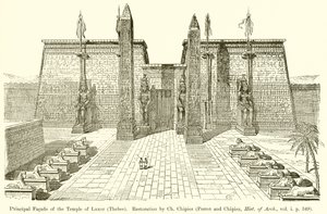 Hlavní fasáda chrámu v Luxoru (Théby). Restaurování Ch. Chipiez (Perrot a Chipiez, Hist. of Arch., sv. i. str. 349) od English School