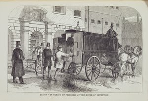 Prison Van přebírá vězně v Domě zadržování, z The Criminal Prisons of London a Scenes of Prison Life od Henry Mayhew (1812-87) a John Binny, 1862 od English School