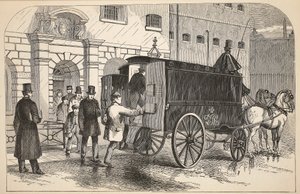 Vězeňský vůz přebírající vězně u vazební věznice, ilustrace z knihy The Criminal Prisons of London and Scenes from Prison Life od Henryho Mayhewa a Johna Binnyho, vyd. 1862 od English School