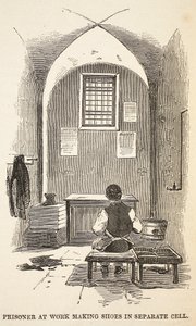 Vězeň při práci na výrobě bot v samostatné cele, ilustrace z knihy The Criminal Prisons of London and Scenes from Prison Life od Henryho Mayhewa a Johna Binnyho, vyd. 1862 od English School