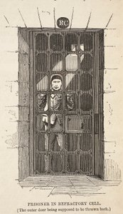 Vězeň v ohnivé cele (vnější dveře mají být odklopené), ilustrace z knihy The Criminal Prisons of London and Scenes from Prison Life od Henryho Mayhewa a Johna Binnyho, vyd. 1862 (e od English School