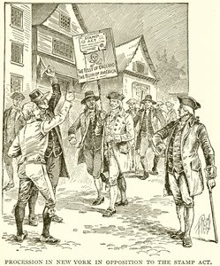 Průvod v New Yorku v opozici vůči známkovému zákonu od English School