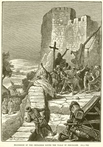 Průvod křižáků kolem zdí Jeruzaléma od English School