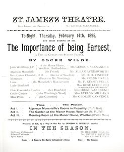 Program k představení The Importance of Being Earnest od Oscara Wilda (1854-1900) v St. James Theatre, 14. února 1895 od English School