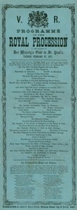 Program královského průvodu u příležitosti návštěvy Jejího Veličenstva v katedrále svatého Pavla, Londýn, 27. února 1872 od English School