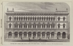 Navrhovaná nová hlavní pošta, Sydney, New South Wales, Flank Elevation, navržená panem Jamesem Barnetem, architektem (rytina) od English School