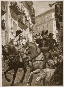 Veřejné přijetí prince Charlese v Madridu, ilustrace z Cassell Illustrated History of England (sépiová fotografie) od English School