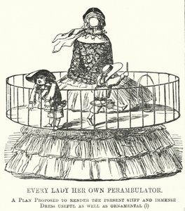 Punch cartoon: Every Lady Her Own Perambulator - móda pro dámské kruhové sukně (rytina) od English School
