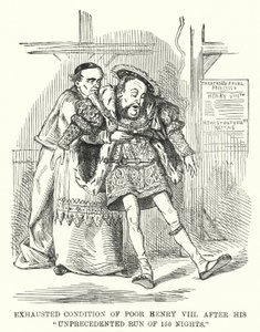 Punch cartoon: Vyčerpaný stav chudáka Jindřicha VIII. po jeho bezprecedentním běhu 150 nocí (rytina) od English School