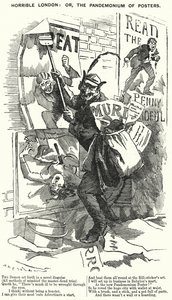 Punch cartoon: Hrozný Londýn: aneb Pandemonium of Posters - Londýn v době vražd Jacka Rozparovače (rytina) od English School
