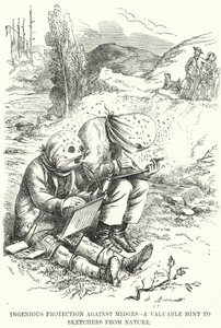Punch cartoon: Geniální ochrana proti pakomárům - cenný tip pro skicáře z přírody (rytina) od English School