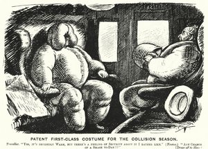 Punch cartoon: Patent First Class Costume for Collision Season - bezpečnost na železnici (rytina) od English School