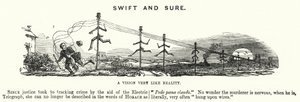 Punch cartoon: Swift and Sure - použití elektrické telegrafie při sledování zločinu (rytina) od English School