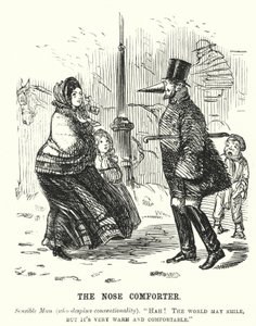 Punch cartoon: The Nose Comforter - muž chránící nos před chladem (rytina) od English School