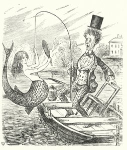 Punch cartoon: rybář chytající mořskou pannu (rytina) od English School