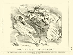 Punch karikatura týkající se John Bright: Orestes Pursued By The Furies od English School