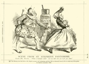 Punch karikatura týkající se Johna Brighta: Scéna z pantomimy svatého Štěpána, 30. prosince 1865 (rytina) od English School
