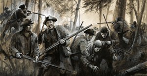 Muži George Washingtona, pronásledovaní britskými vojáky, ustoupili bezútěšnou zimní krajinou od English School