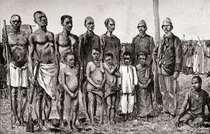 Pygmejští domorodci ve srovnání s anglickými důstojníky, Súdánci a Zanzibaři, 1890 (dřevoryt) od English School