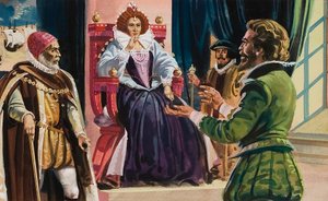 Královna Alžběta I. (1533-1603) a sir Francis Drake (1540-96) (kvaš na papíře) od English School