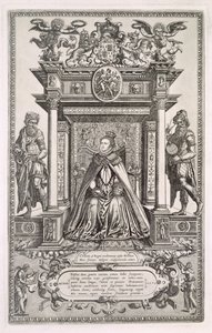 Královna Alžběta I. (1533-1603) jako patronka geografie a astronomie, Frontispis ke knize saských map Anglie, 1579 od English School