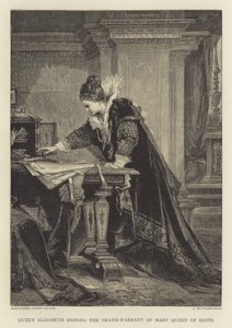 Královna Alžběta podepisuje rozsudek smrti Mary Queen of Scots od English School