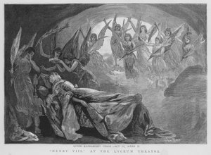 Vize královny Katherine, scéna z inscenace Shakespearova Jindřicha VIII. v divadle Lyceum v Londýně (litho) od English School