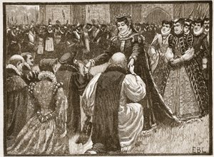 Královna Marie a státní vězni v Toweru, ilustrace z Cassells Illustrated History of England (sépiová fotografie) od English School