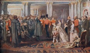 Queen Victoria přijímá krymské válečné veterány v publiku od English School