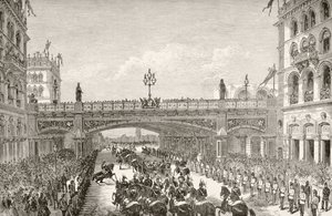 Královna viktoriánská otevření Holbornského viaduktu v roce 1869, z „Národních a domácích dějin Anglie“ od Williama Hickmana Smith Aubrey (1858-1916), publikováno v Londýně, kolem roku 1890 od English School