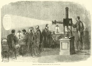Odeslání čtecího balónku pod mikroskopem, říjen 1870 od English School