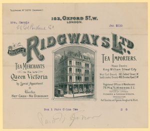 Potvrzení od Ridgways, dovozců čaje, 182 Oxford Street, Londýn od English School