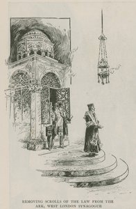 Odstranění svitků zákona z archy, synagoga v západním Londýně od English School