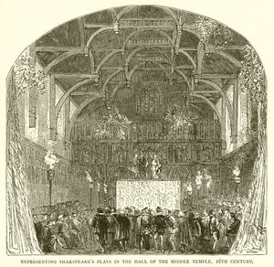 Představení Shakespearových her v sále středního chrámu, 16. století od English School