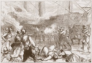 Odražení španělských vojáků v Amsterdamu, ilustrace z Historie protestantismu od Jamese Aitkena Wylie (1808-1890), hospoda. 1878 od English School